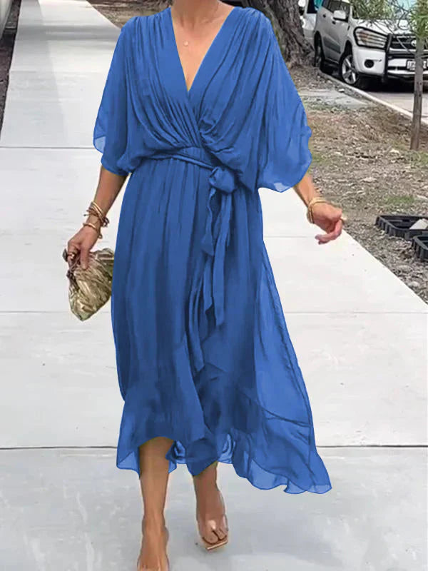 Emory | Chiffon Wikkeljurk voor Dames met V-hals – Lichtgewicht, Vloeiende Zomer Midi-jurk