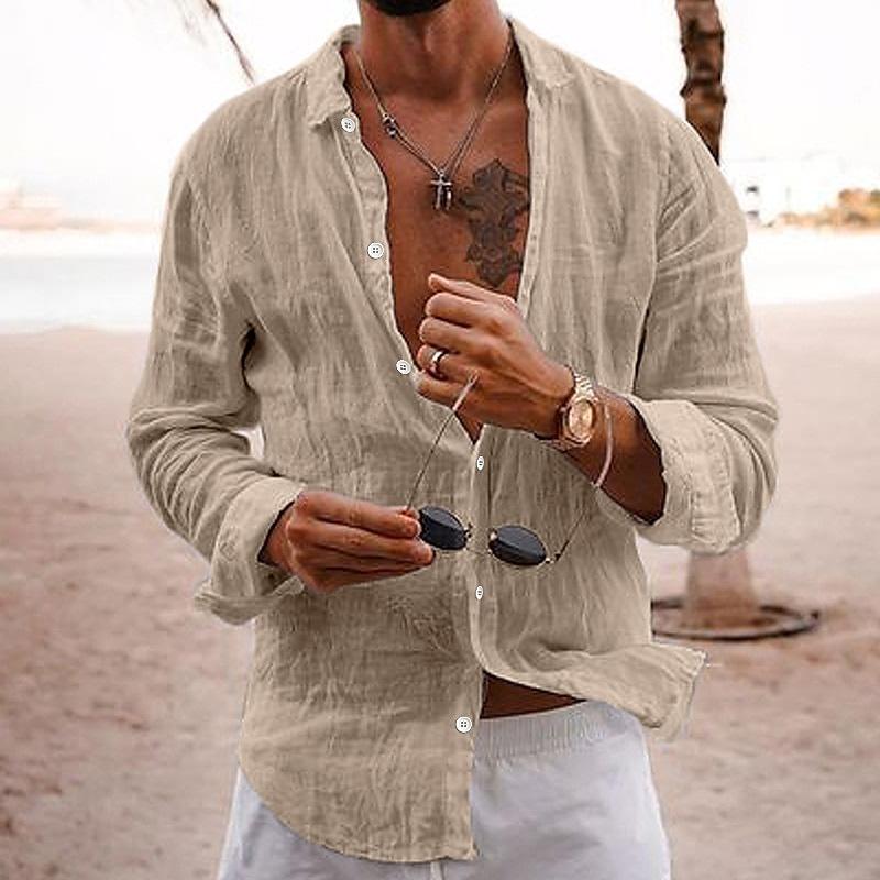 Daryon | Herenkatoenen linnen shirt met lange mouwen – casual effen kleur met knopen, ademend
