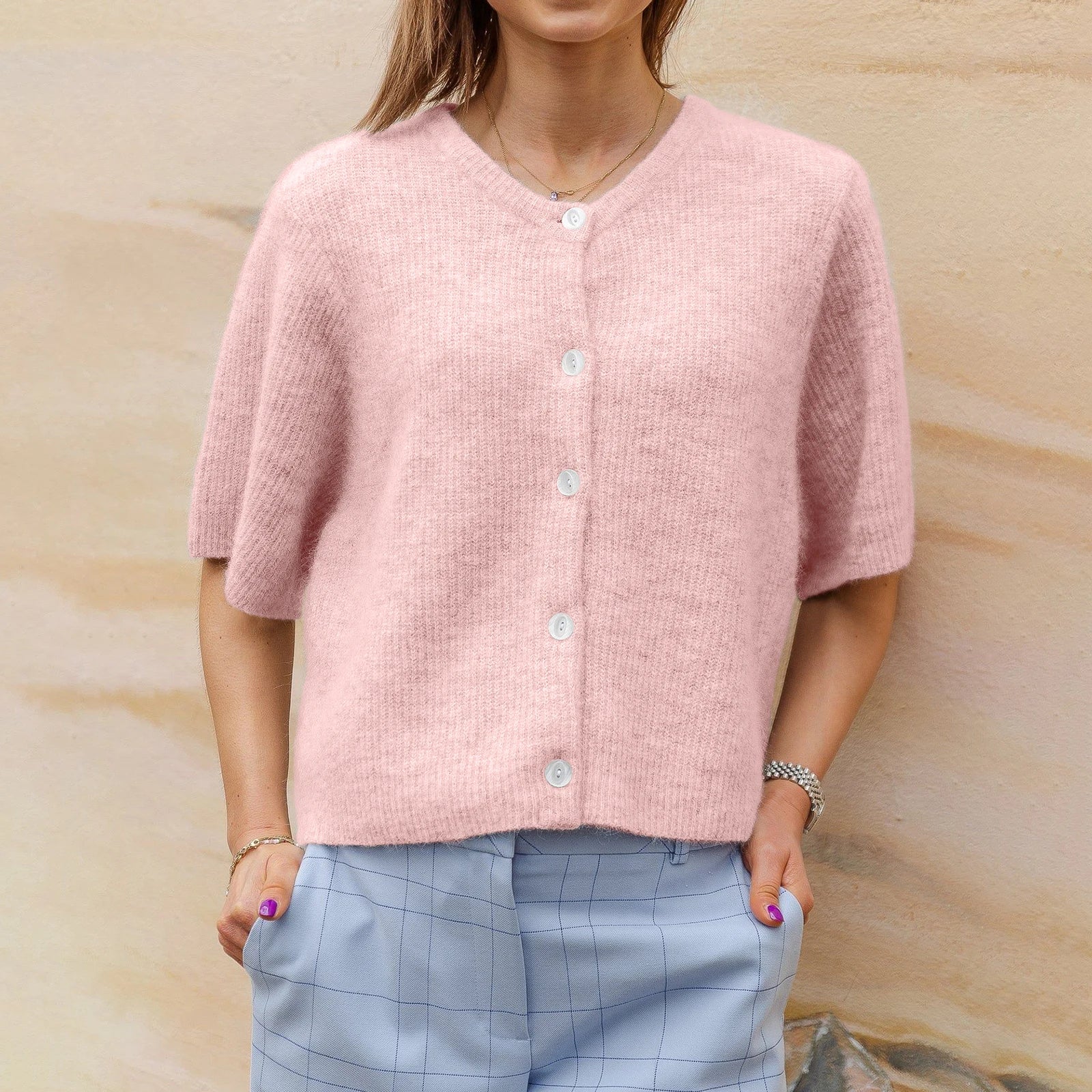 Vireliae | Dames Korte Mouw Cardigan – Lichtgewicht Gebreide Top met Knoopsluiting