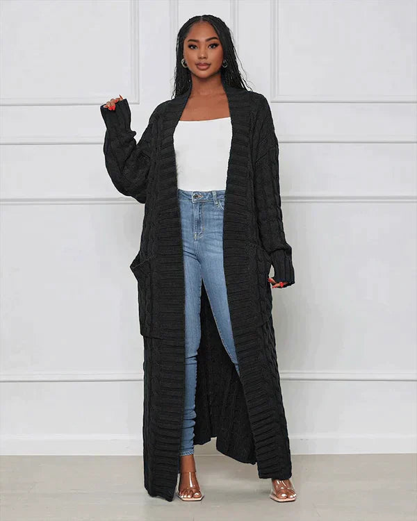Zynelle | Lässige lange Strickjacke für Damen mit Taschen – weicher Strickpullover mit offener Vorderseite
