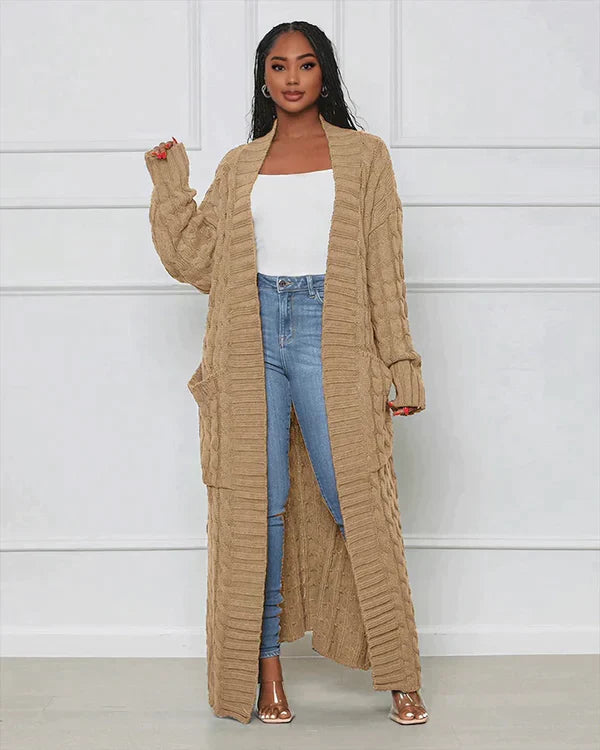 Zynelle | Lässige lange Strickjacke für Damen mit Taschen – weicher Strickpullover mit offener Vorderseite