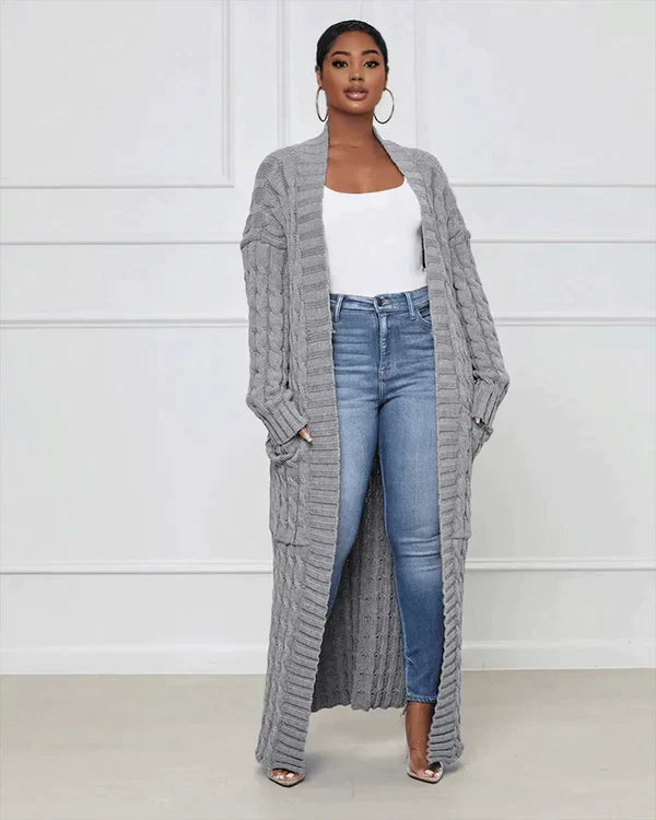 Zynelle | Lässige lange Strickjacke für Damen mit Taschen – weicher Strickpullover mit offener Vorderseite