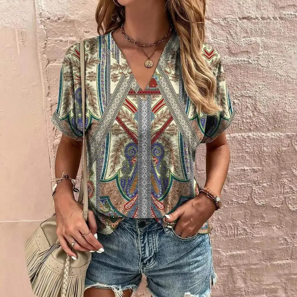 Hysora | Atmungsaktives V-Ausschnitt-Top für Damen – kurze Ärmel, Paisley-Blumenmuster, lässige Bluse