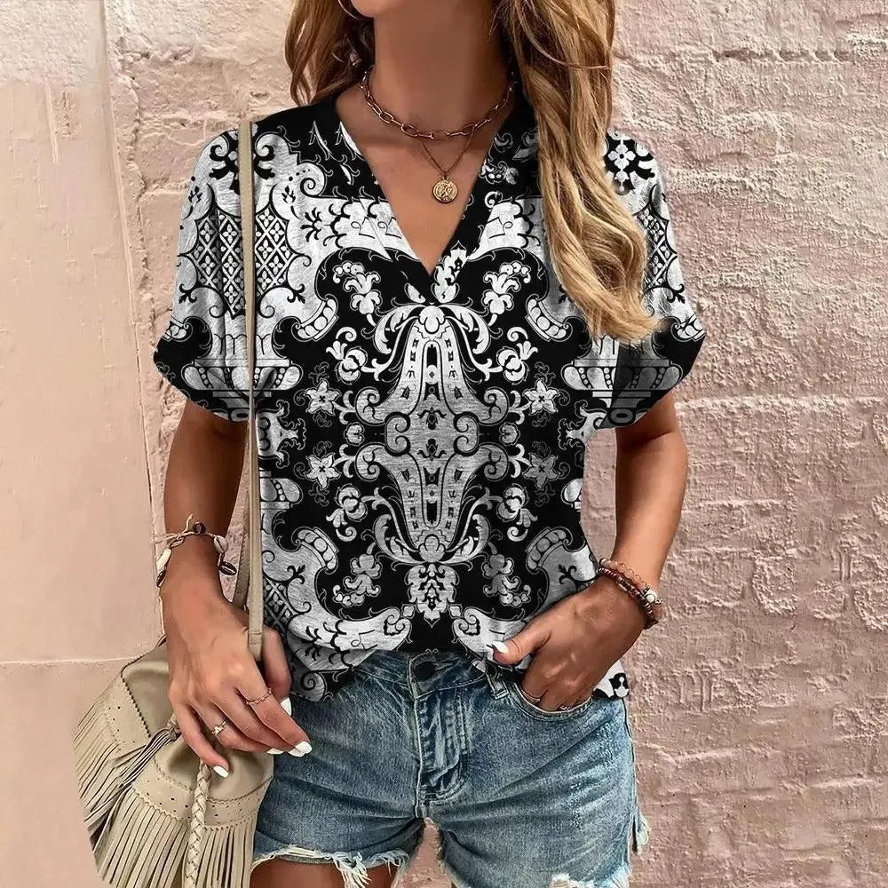 Hysora | Atmungsaktives V-Ausschnitt-Top für Damen – kurze Ärmel, Paisley-Blumenmuster, lässige Bluse