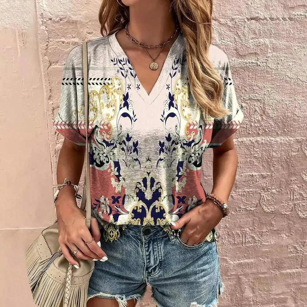 Hysora | Atmungsaktives V-Ausschnitt-Top für Damen – kurze Ärmel, Paisley-Blumenmuster, lässige Bluse