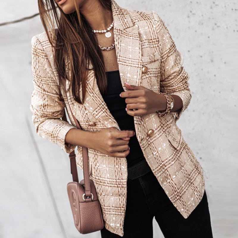 Ysabeline | Blazer chic en tweed à carreaux pour femme – Veste élégamment coupée avec boutons dorés