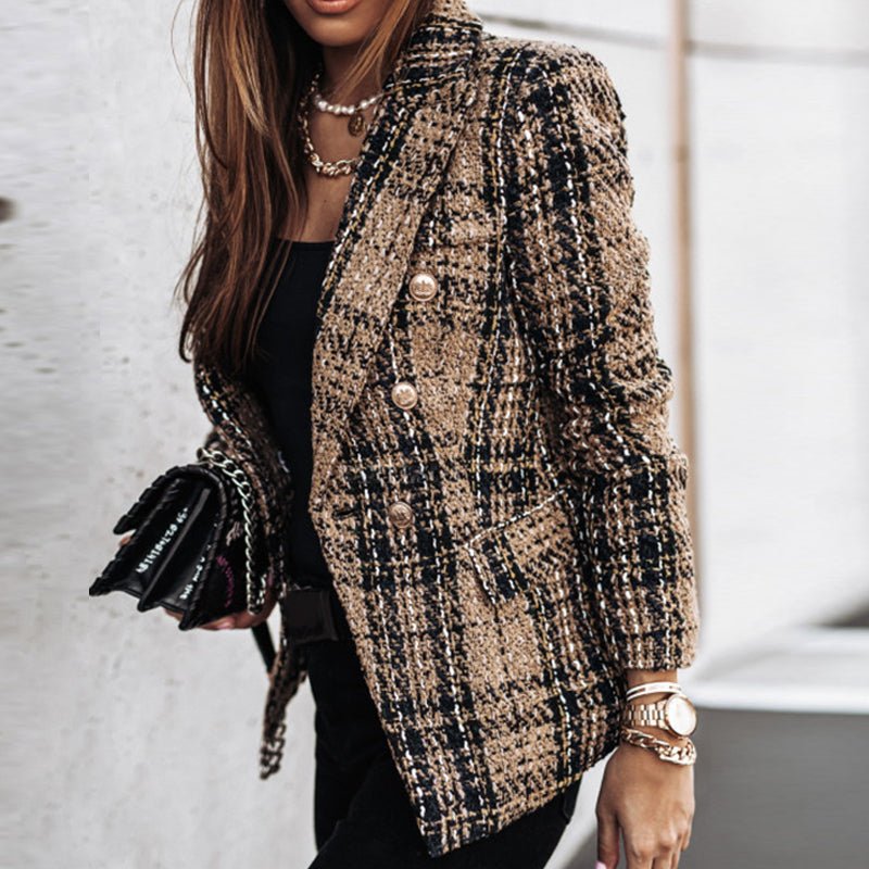 Ysabeline | Blazer chic en tweed à carreaux pour femme – Veste élégamment coupée avec boutons dorés