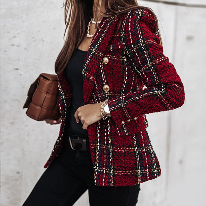 Ysabeline | Blazer chic en tweed à carreaux pour femme – Veste élégamment coupée avec boutons dorés