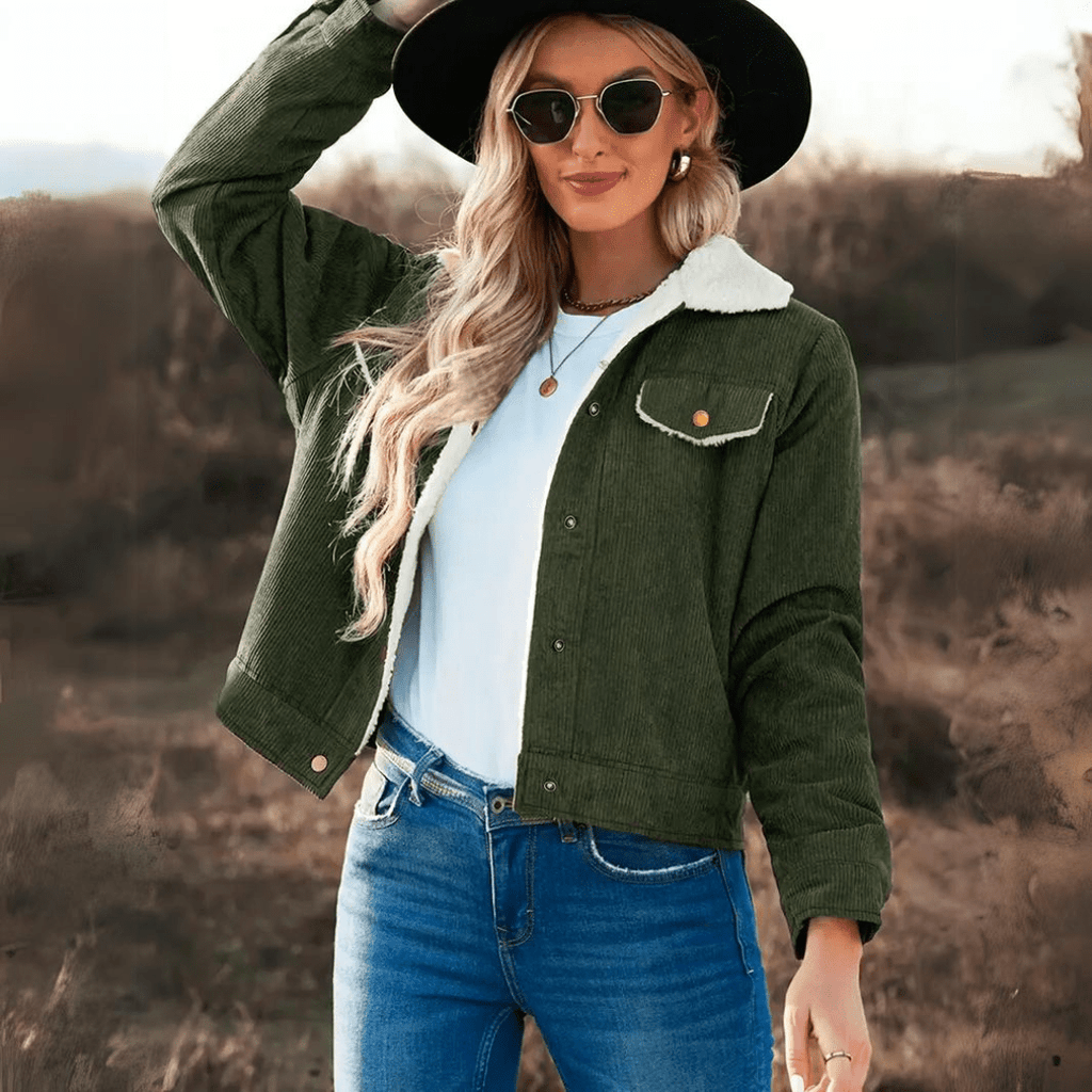 Edna | Veste courte en velours côtelé, doublée de sherpa, chaude et confortable, manteau d'hiver à superposer