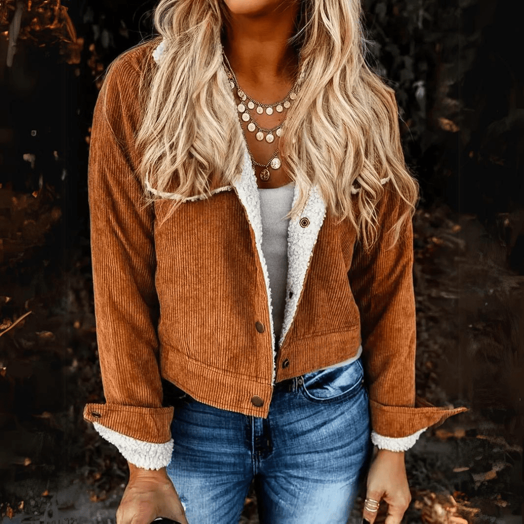 Edna | Veste courte en velours côtelé, doublée de sherpa, chaude et confortable, manteau d'hiver à superposer