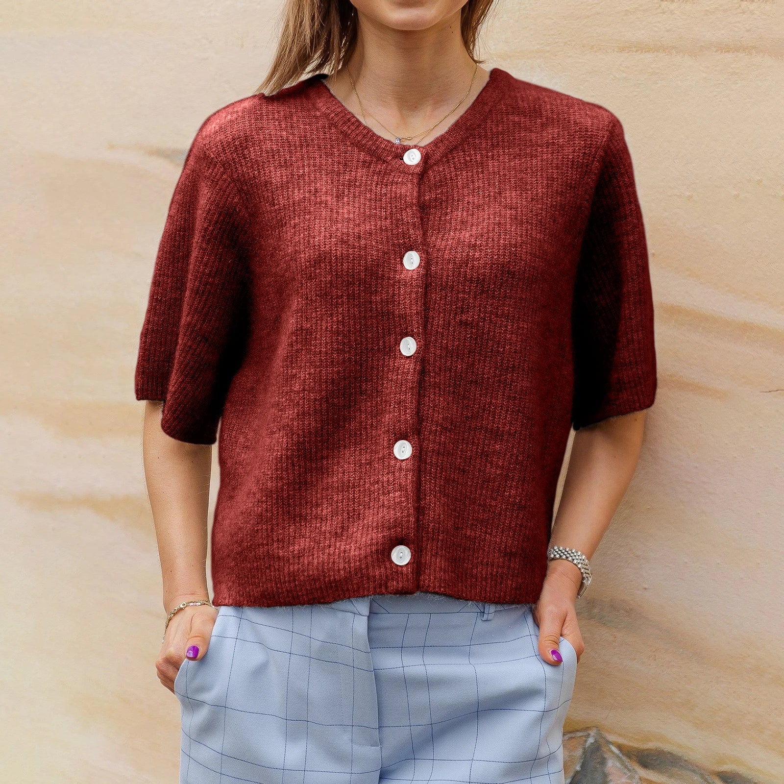 Vireliae | Dames Korte Mouw Cardigan – Lichtgewicht Gebreide Top met Knoopsluiting