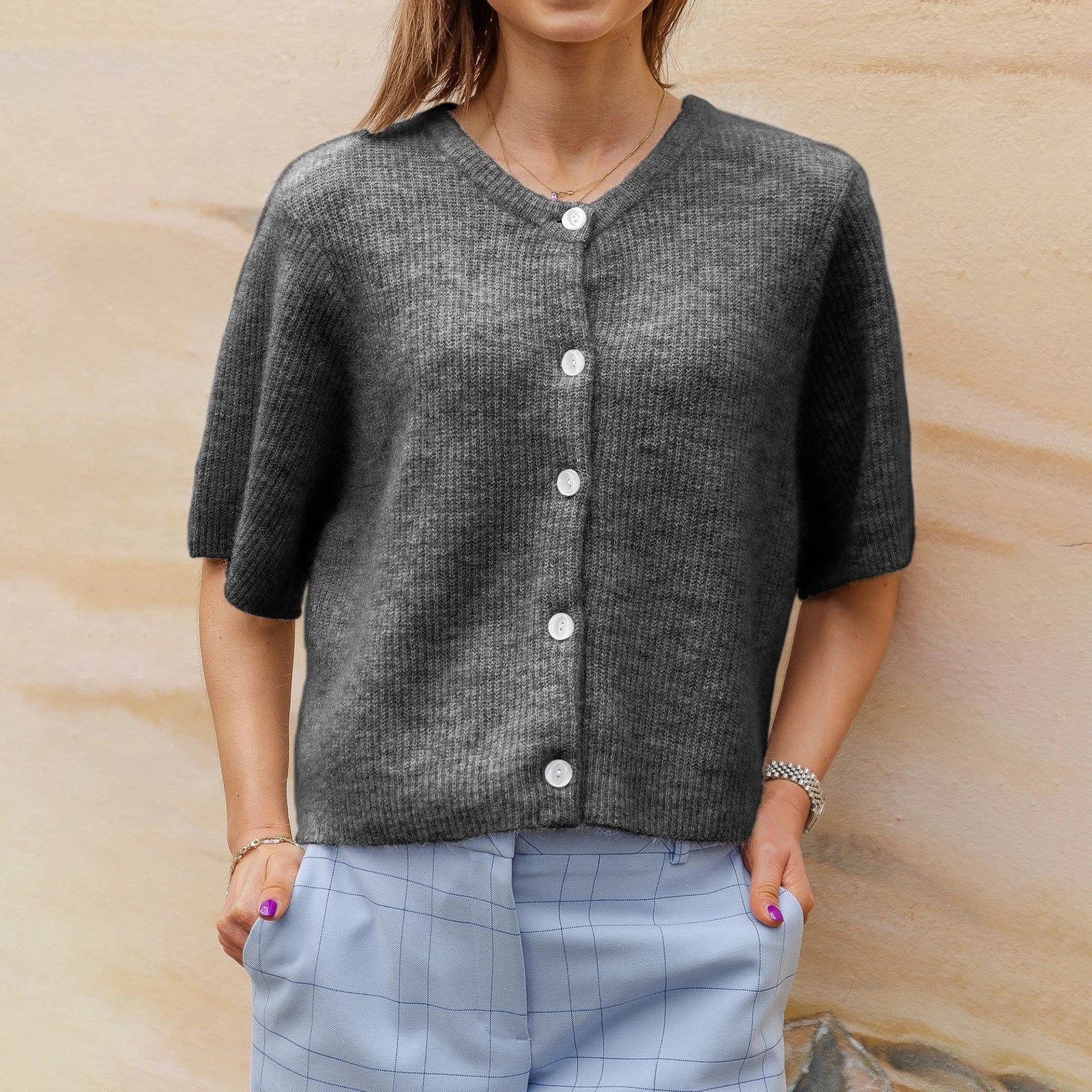 Vireliae | Dames Korte Mouw Cardigan – Lichtgewicht Gebreide Top met Knoopsluiting