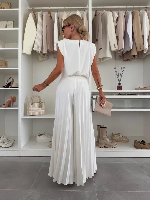 Myrissea | Tweedelige set – stijlvolle elegante top en geplooide broek met wijde pijpen voor dames