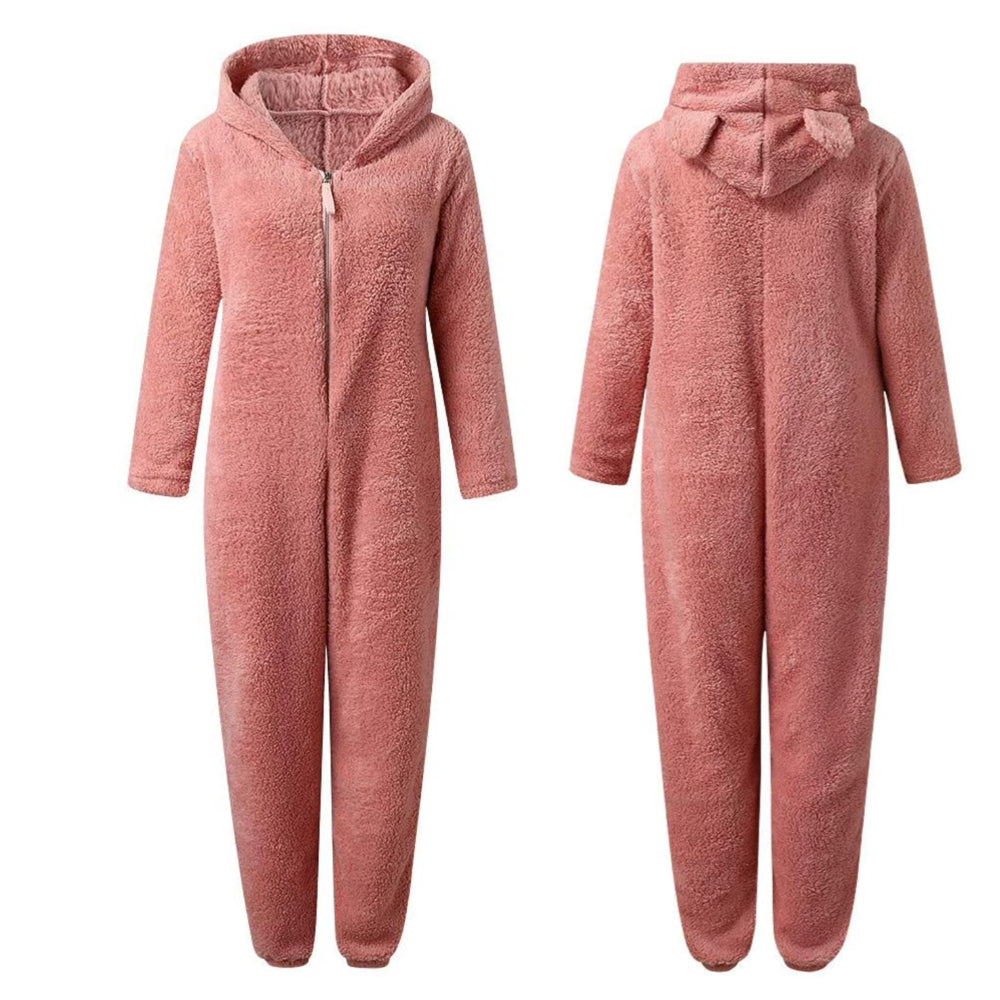Liorah | Plush fleece onesie voor dames met capuchon en berenoren – Warme, knusse winterpyjama