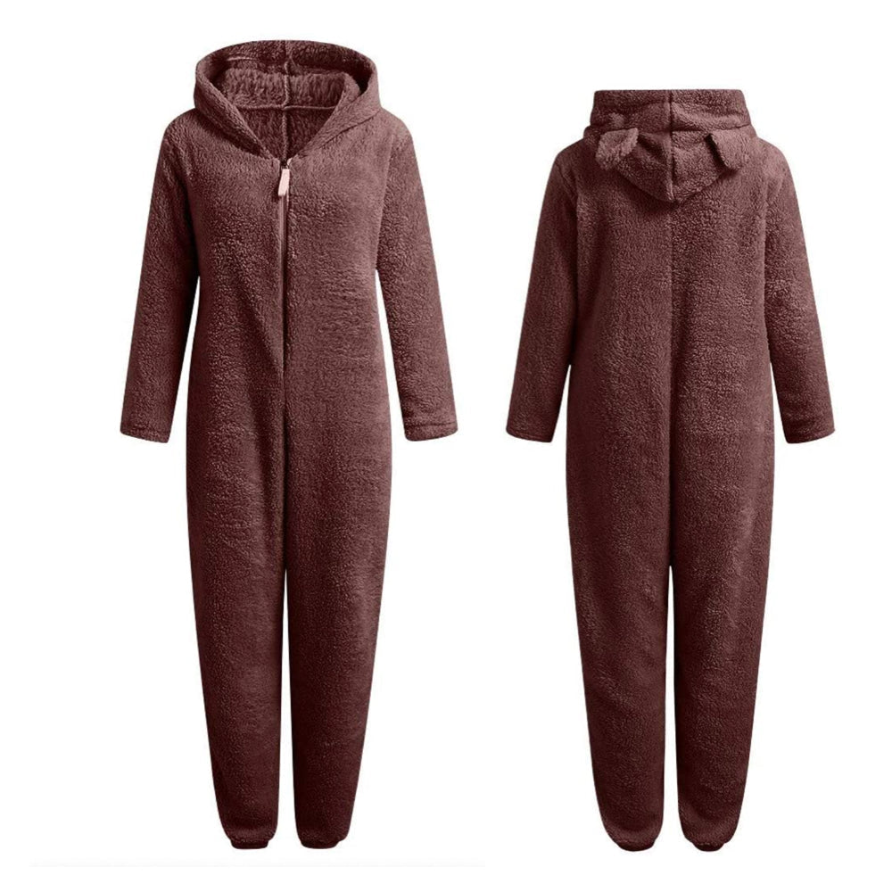 Liorah | Plush fleece onesie voor dames met capuchon en berenoren – Warme, knusse winterpyjama