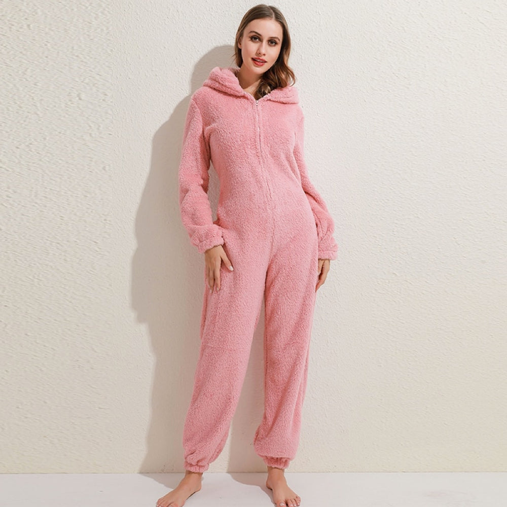 Liorah | Plush fleece onesie voor dames met capuchon en berenoren – Warme, knusse winterpyjama