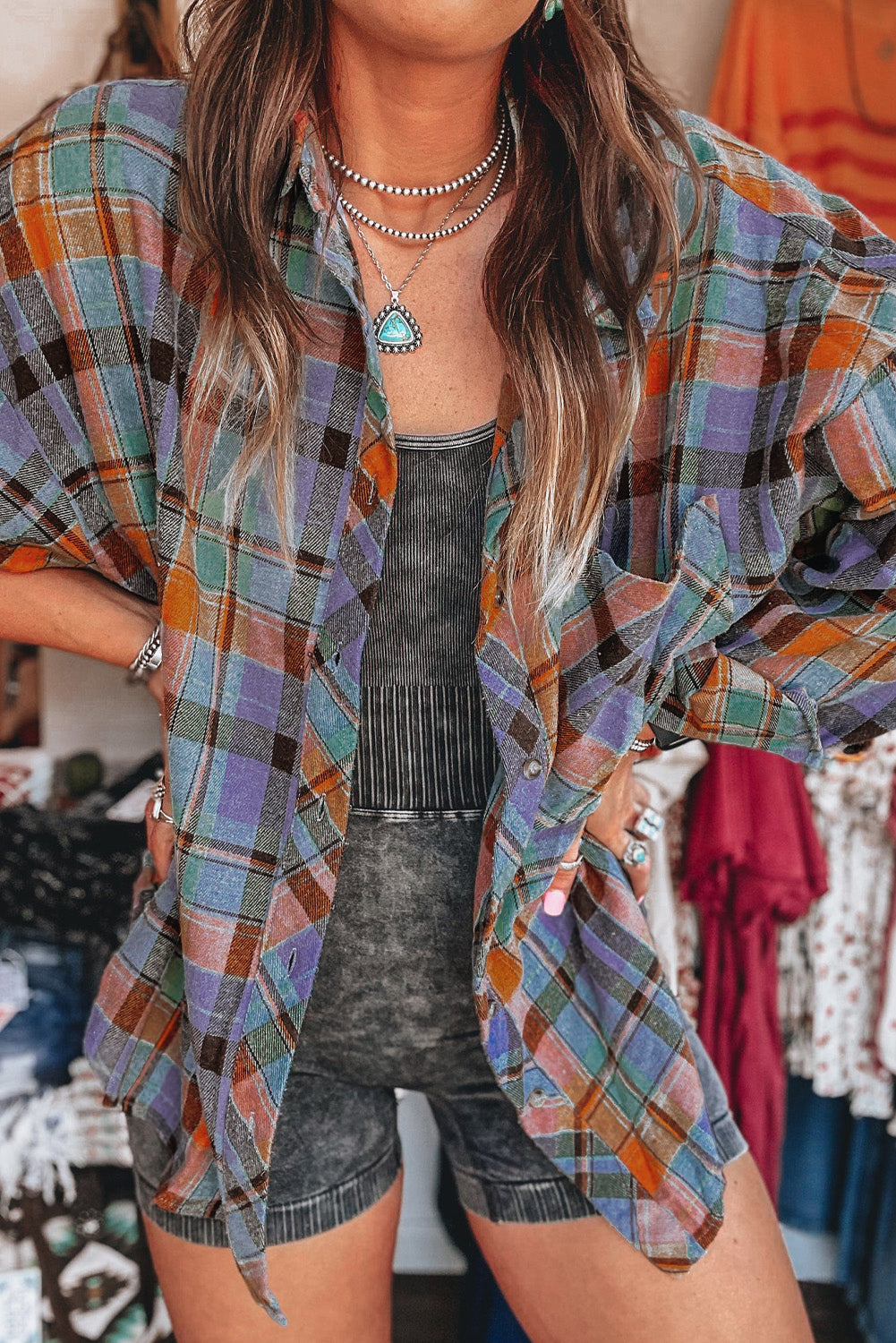 Rebekah | Orange Plaid Print Loose Vintage Shirt