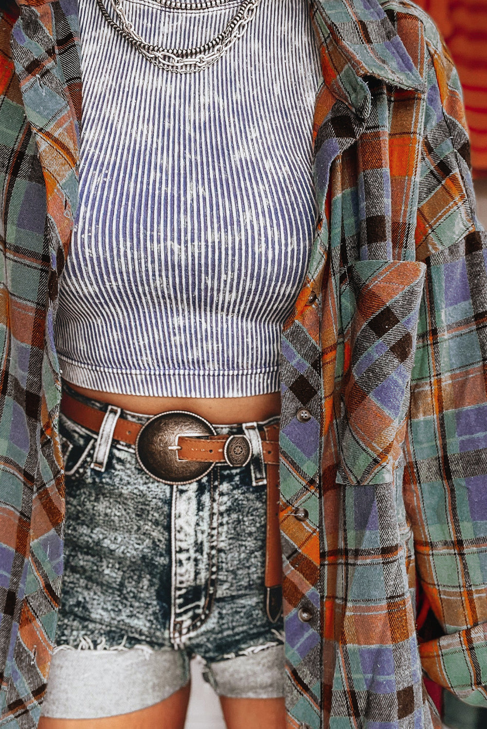 Rebekah | Orange Plaid Print Loose Vintage Shirt