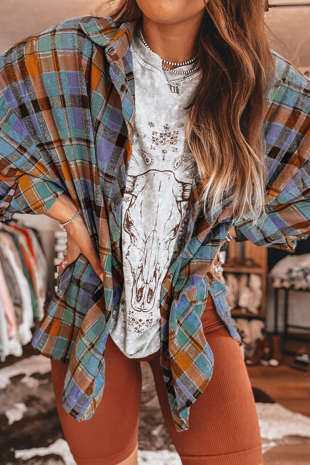 Rebekah | Orange Plaid Print Loose Vintage Shirt