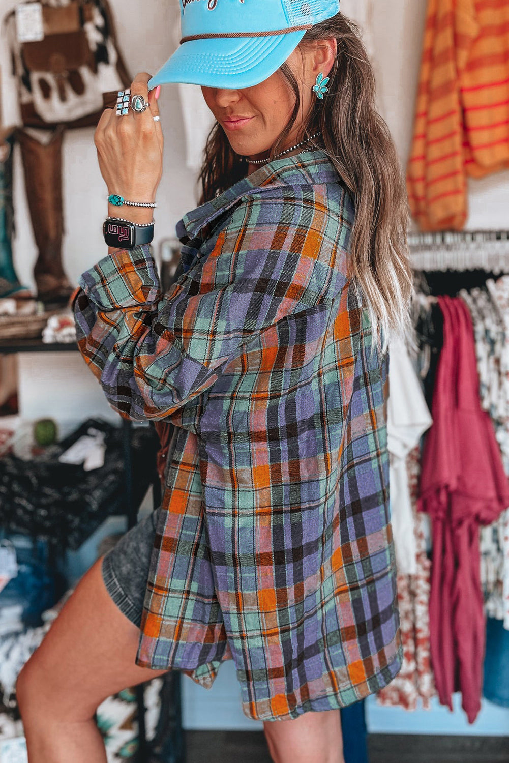 Rebekah | Orange Plaid Print Loose Vintage Shirt