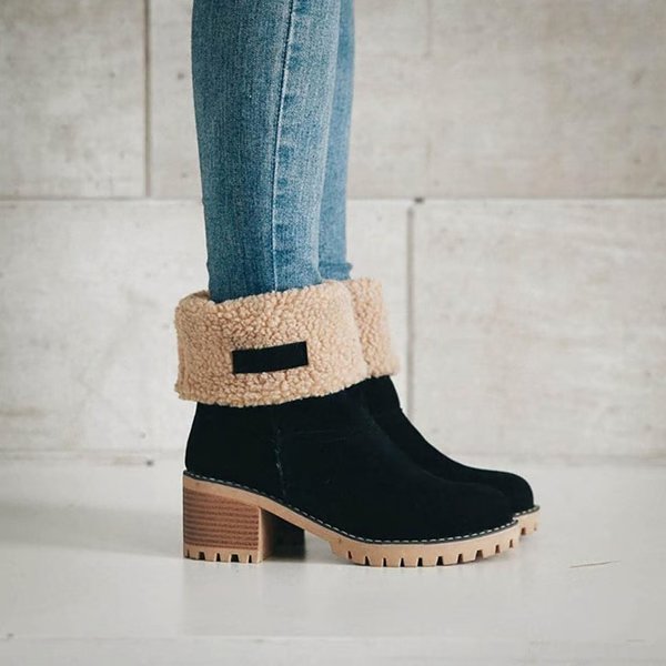 SnowGlam | Bottes de neige en daim pour femmes avec talon bloc – doublure polaire, chaussures d'hiver chaudes