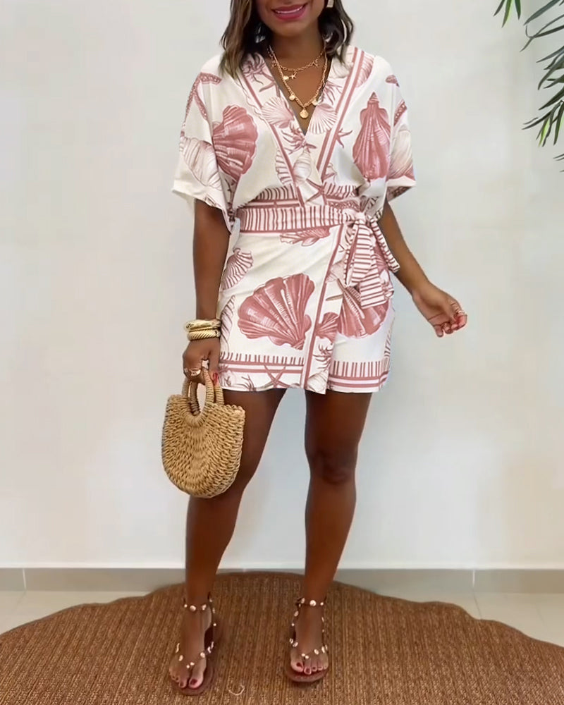 Lyrithia | Jumpsuit met V-hals en strandprint voor dames – Korte zomerjumpsuit