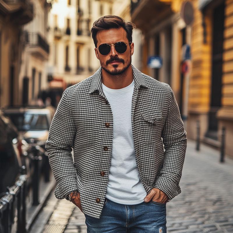 Drayven | Retro herenoverhemdjasje met houndstooth-patroon – Vintage casual jas met lange mouwen