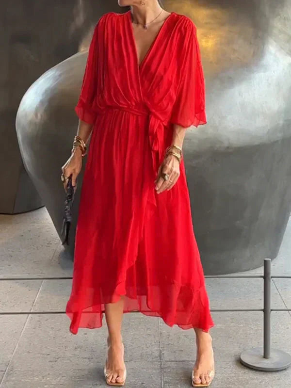 Emory | Chiffon Wikkeljurk voor Dames met V-hals – Lichtgewicht, Vloeiende Zomer Midi-jurk