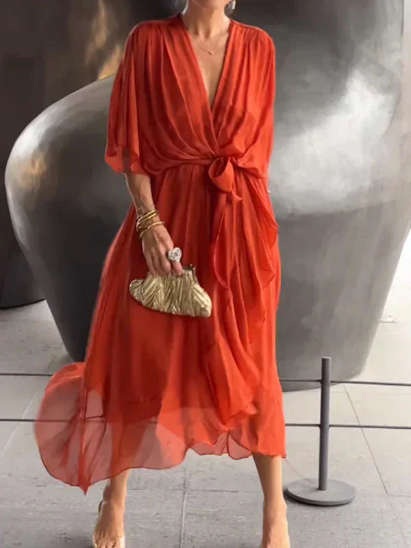 Emory | Chiffon Wikkeljurk voor Dames met V-hals – Lichtgewicht, Vloeiende Zomer Midi-jurk