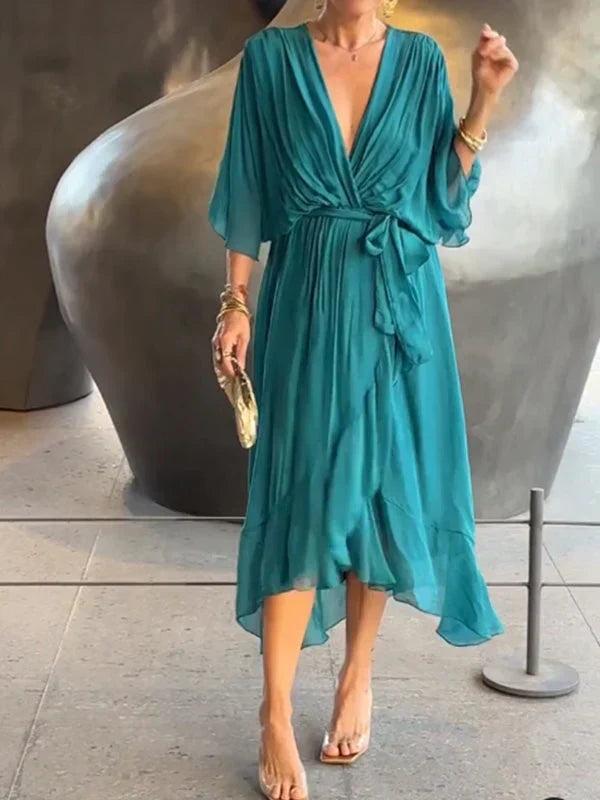 Emory | Chiffon Wikkeljurk voor Dames met V-hals – Lichtgewicht, Vloeiende Zomer Midi-jurk