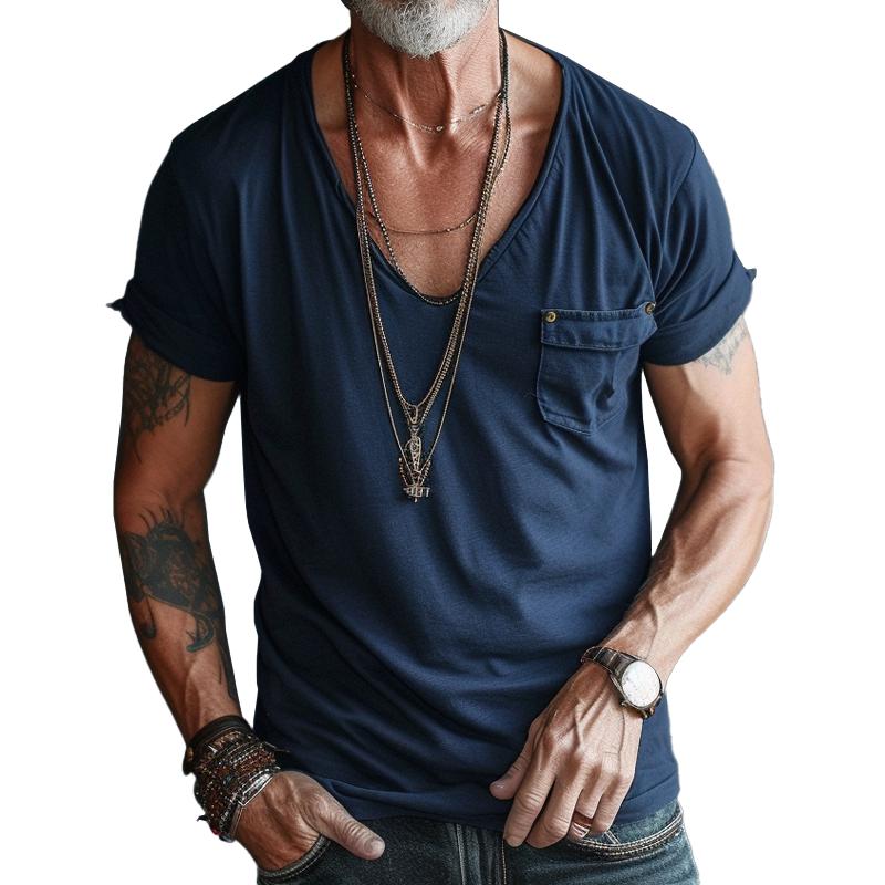 Xyvrion | V-hals cargo T-shirt – Casual zomert-shirt met korte mouwen van katoenmix en borstzak