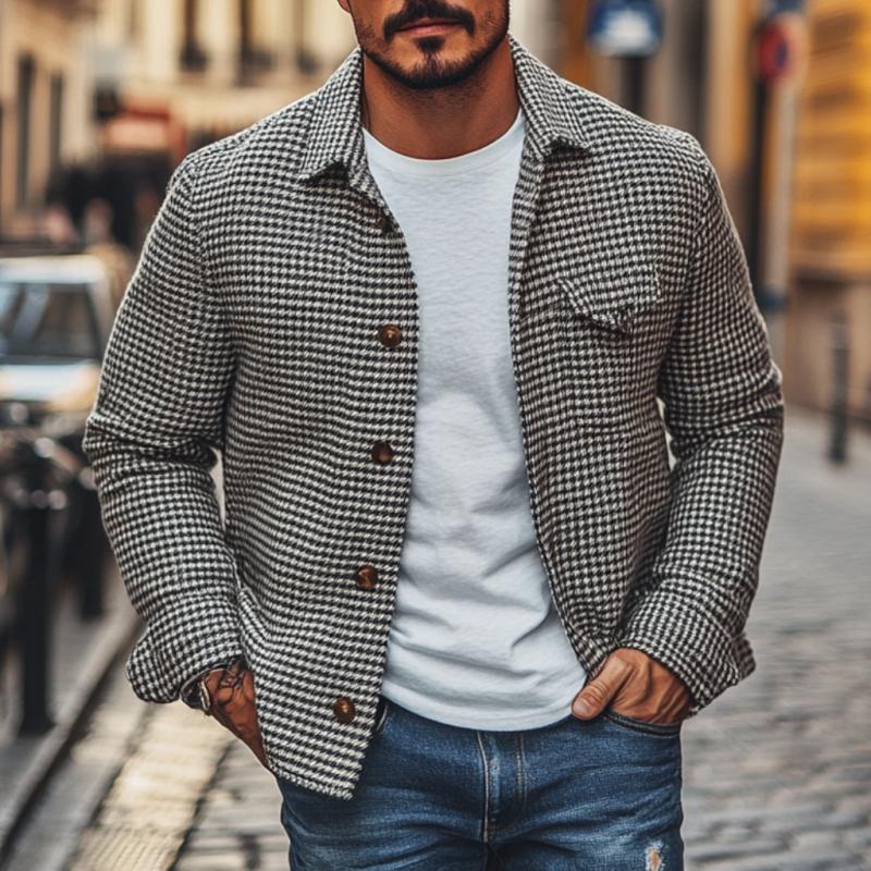 Drayven | Retro herenoverhemdjasje met houndstooth-patroon – Vintage casual jas met lange mouwen