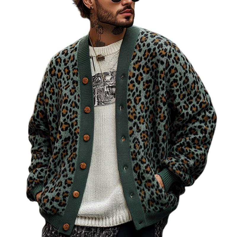 Wryden | Heren vintage luipaardjacquard cardigan met kleurblokken – Enkelrijige gebreide trui, casual trui