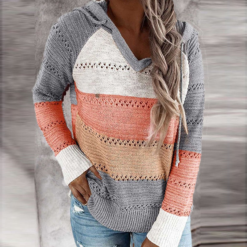 Rinelle | Dames gebreide hoodie – zachte sweater met capuchon, casual trui met lange mouwen