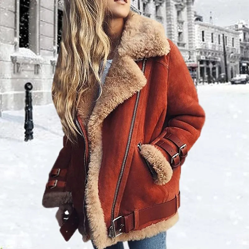 Jolanda | Veste en cuir pour femme avec boucle, doublée de fausse fourrure chaude – Veste de moto élégante et manteau d'hiver
