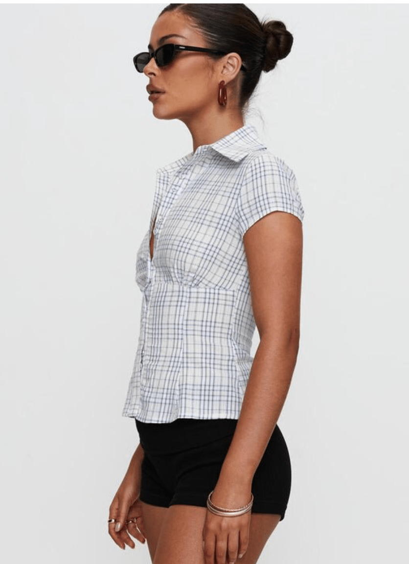 Sera | Dames retro blouse met korte mouwen – katoen-linnen overhemd met knoopsluiting, slim fit met reverskraag