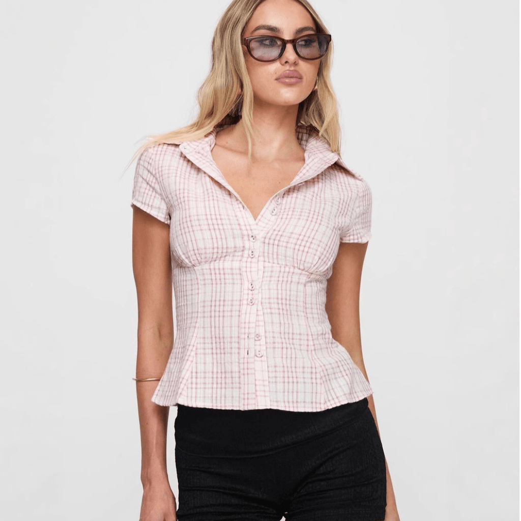 Sera | Dames retro blouse met korte mouwen – katoen-linnen overhemd met knoopsluiting, slim fit met reverskraag