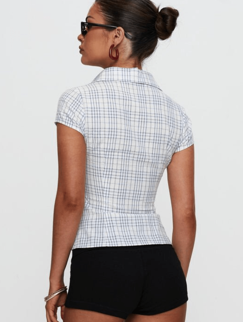 Sera | Dames retro blouse met korte mouwen – katoen-linnen overhemd met knoopsluiting, slim fit met reverskraag