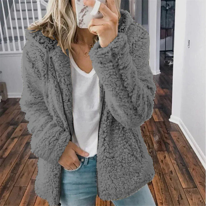 Novera | Manteau teddy chaud pour femme avec capuche – fermeture éclair intégrale, isolé, manteau d'hiver confortable