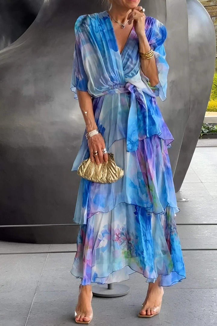 Kaevessa | Dames chiffon maxi-jurk – meerkleurige bloemenprint zomerjurk