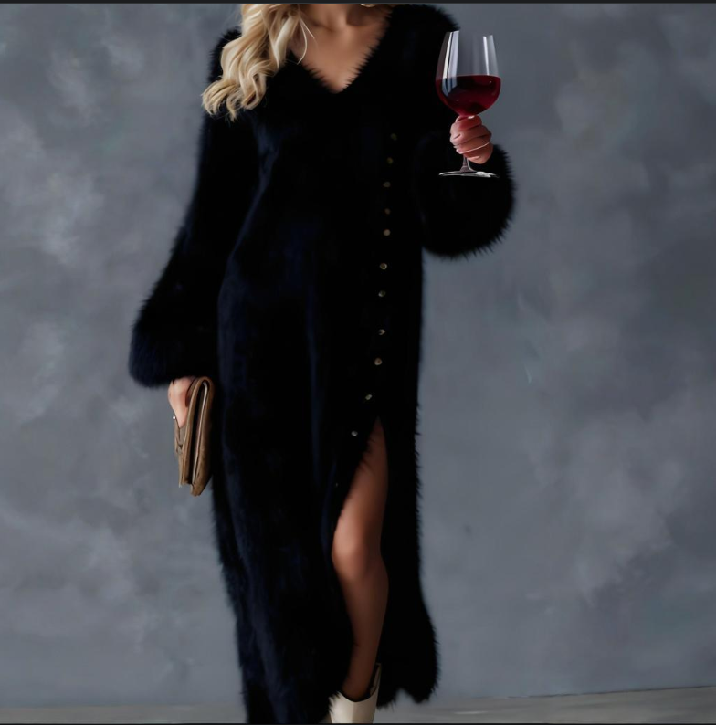 Fardau | Dames Fuzzy gebreide lange sweaterjurk met knoopsluiting aan de zijkant – Comfortabele winterjurk