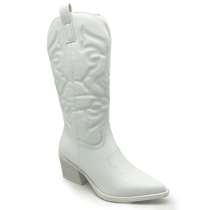 ChicRanch | Weiße Cowboy-Stiefel für Damen – Westernstiefel, mittelhoher Absatz, PU-Leder, modisch und bequem