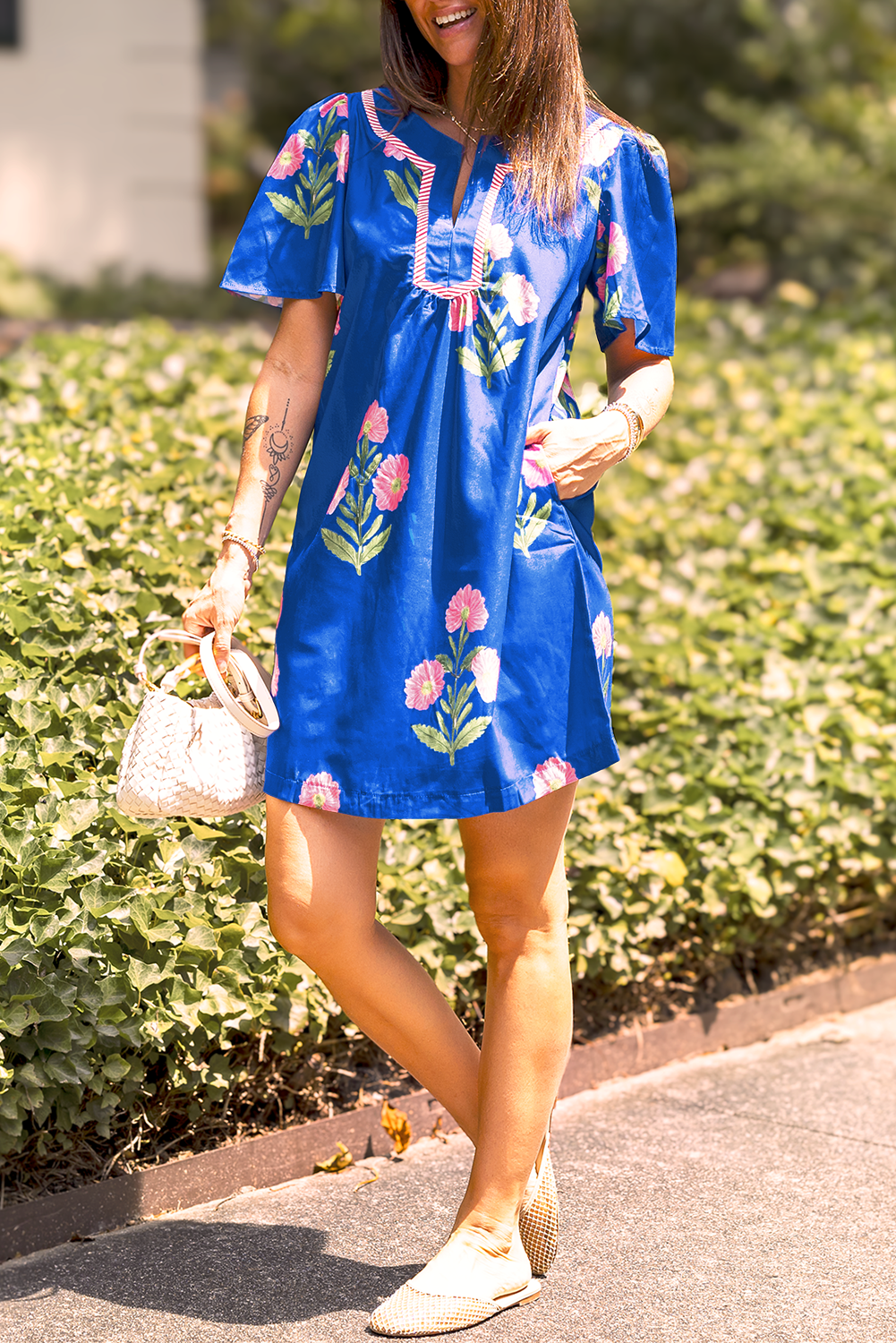 Junara | Zomerse boho-jurk met korte mouwen en split in de hals, casual vakantiekleding