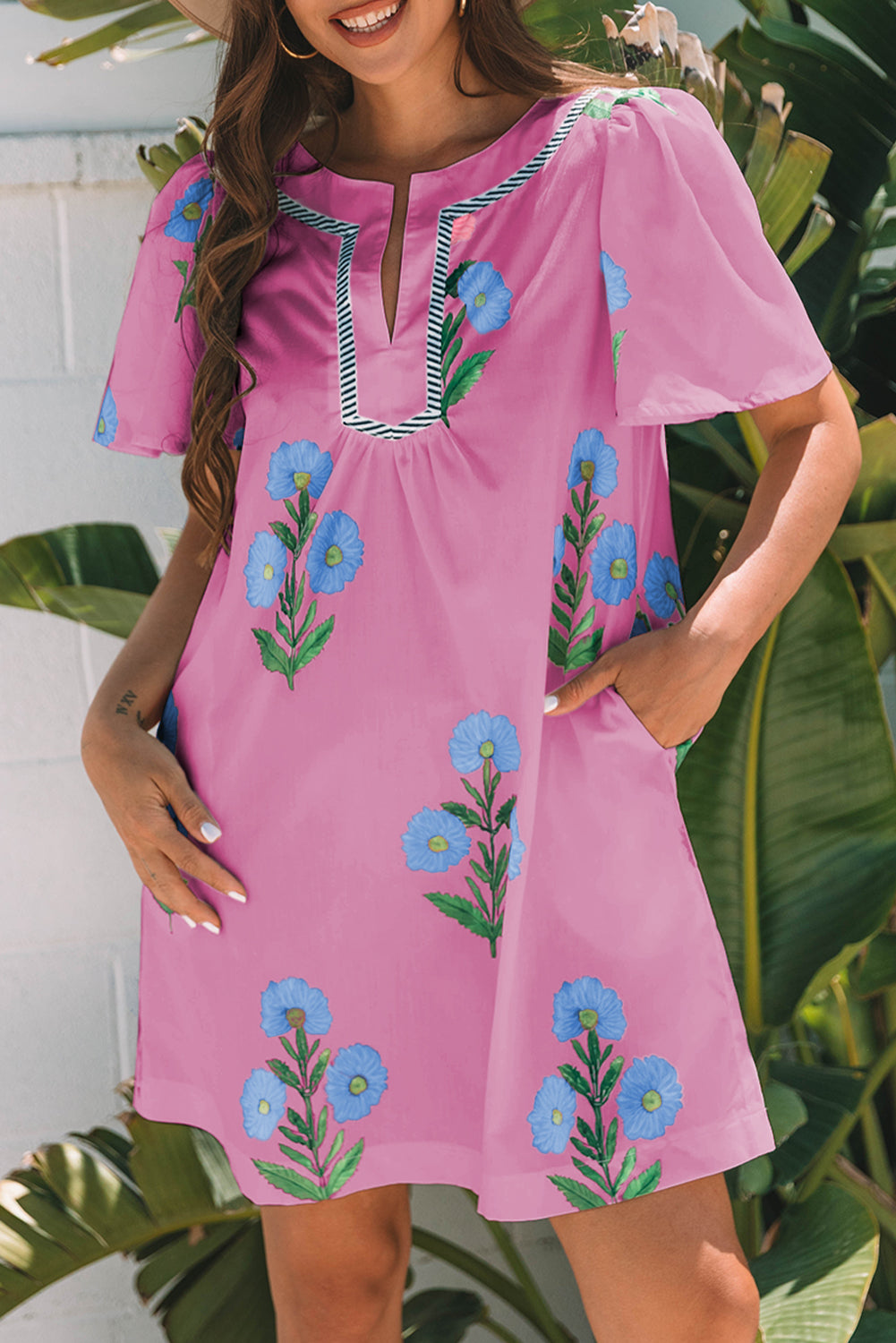 Junara | Zomerse boho-jurk met korte mouwen en split in de hals, casual vakantiekleding