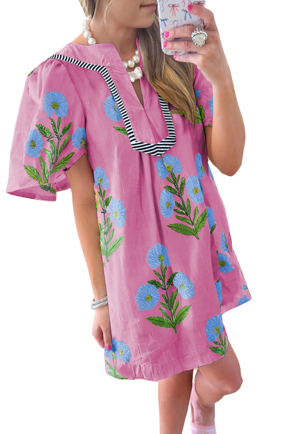 Junara | Zomerse boho-jurk met korte mouwen en split in de hals, casual vakantiekleding