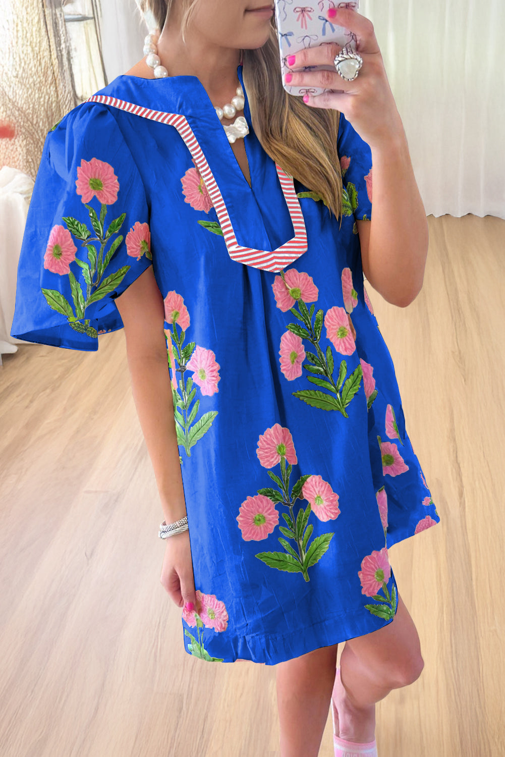 Junara | Zomerse boho-jurk met korte mouwen en split in de hals, casual vakantiekleding