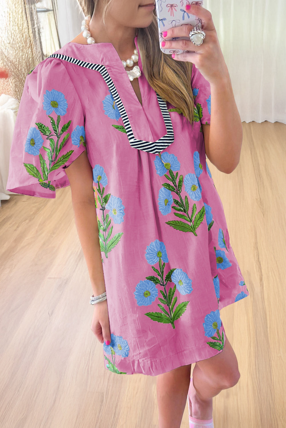 Junara | Zomerse boho-jurk met korte mouwen en split in de hals, casual vakantiekleding