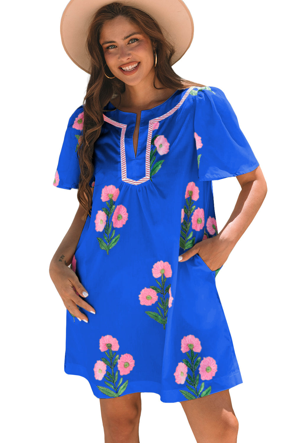 Junara | Zomerse boho-jurk met korte mouwen en split in de hals, casual vakantiekleding