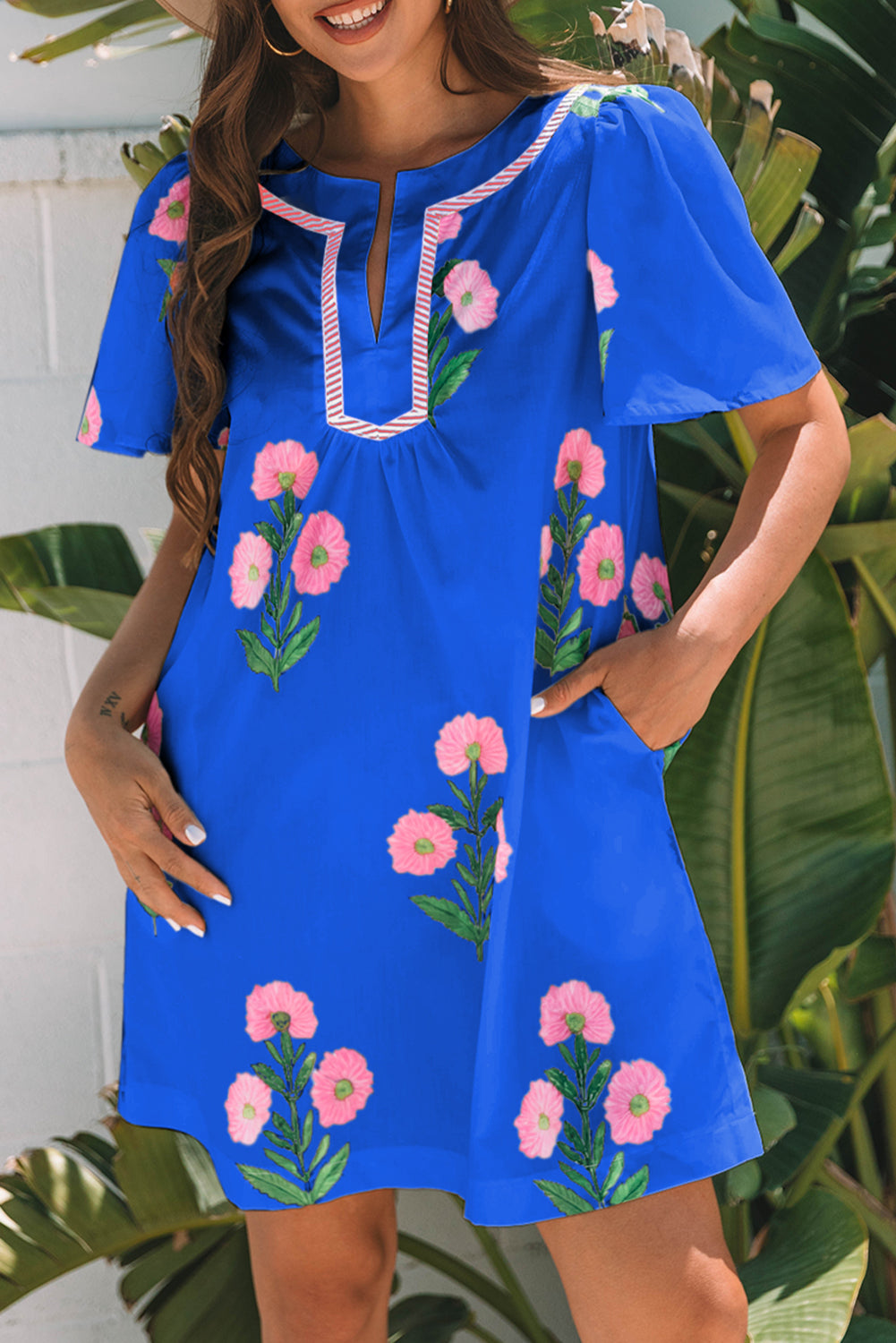 Junara | Zomerse boho-jurk met korte mouwen en split in de hals, casual vakantiekleding