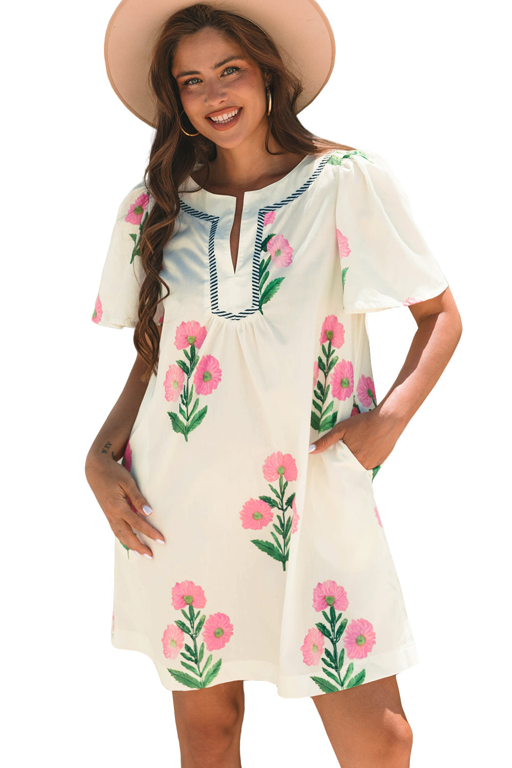 Junara | Zomerse boho-jurk met korte mouwen en split in de hals, casual vakantiekleding